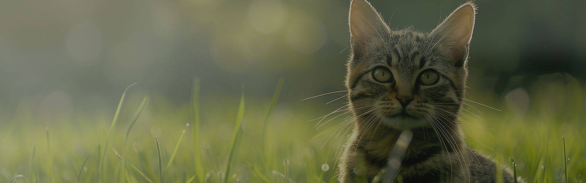 striped cat on the green grass